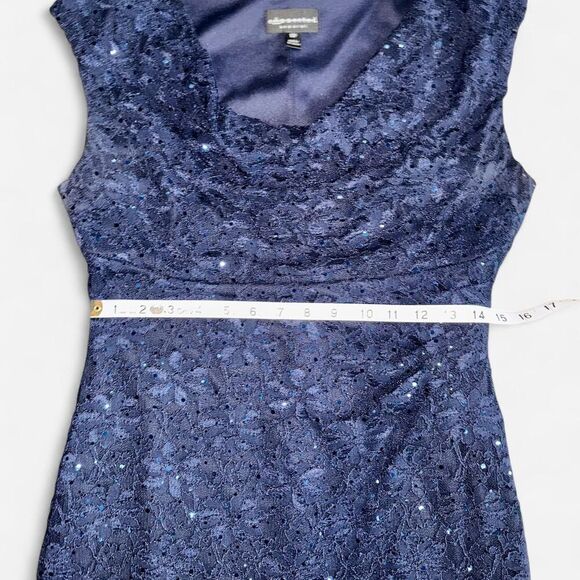 Navy Lace and Sequin Sheath Dress with Cowl Neckline - Picture 6 of 8
